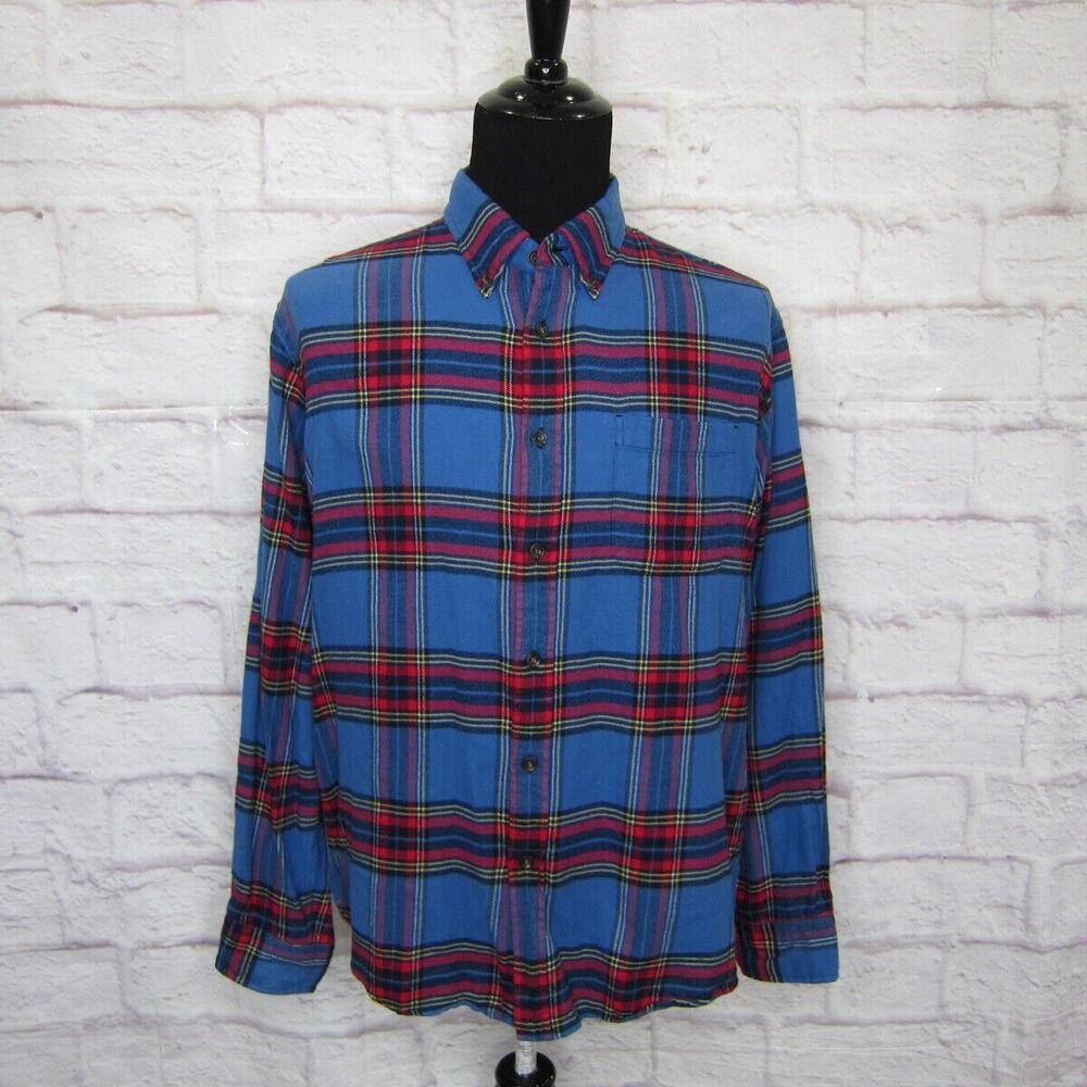 Lands End Mens Shirt Plaid XL Blue Red Traditional Fit Flannel Button Up